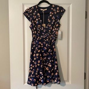 Navy and pink patterned wrap dress